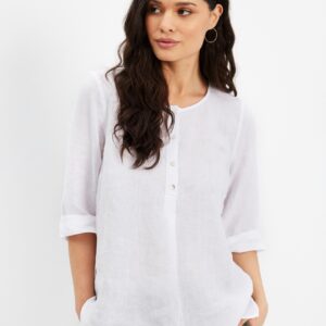 IN FRONT Lino Bluse, Farve: White, Størrelse: L, Dame - IN FRONT