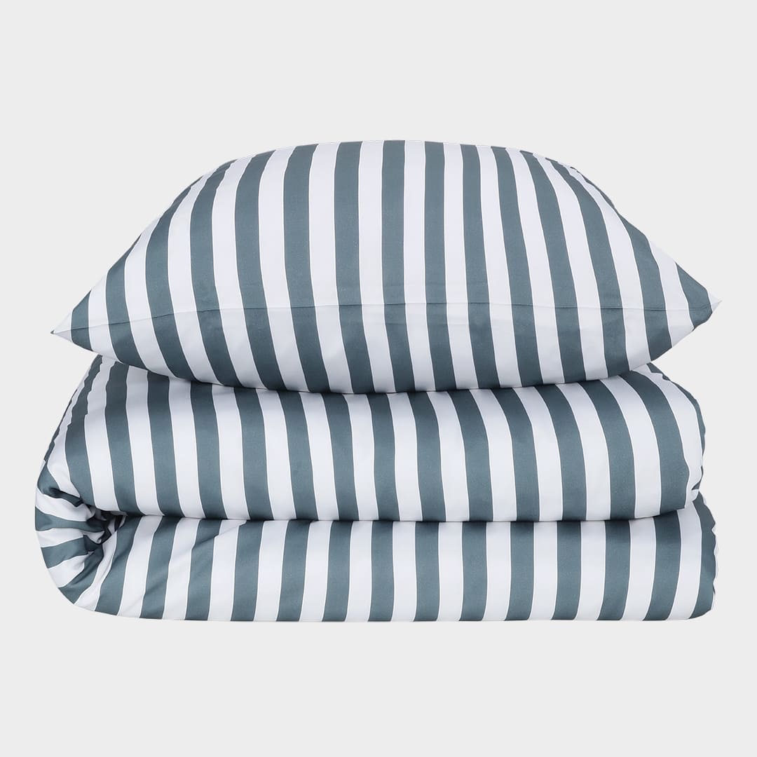 Bambus sengetøj hvid/grålig blå stribet bred 140x200 - Bambuni