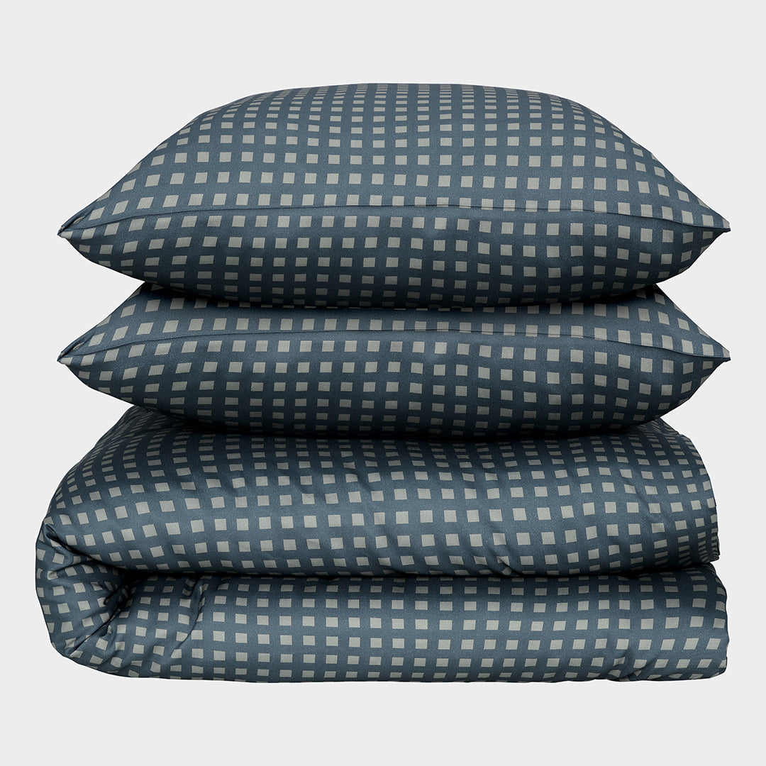 Bambus sengetøj oliven/grålig blå ternet 240x220 - Bambuni