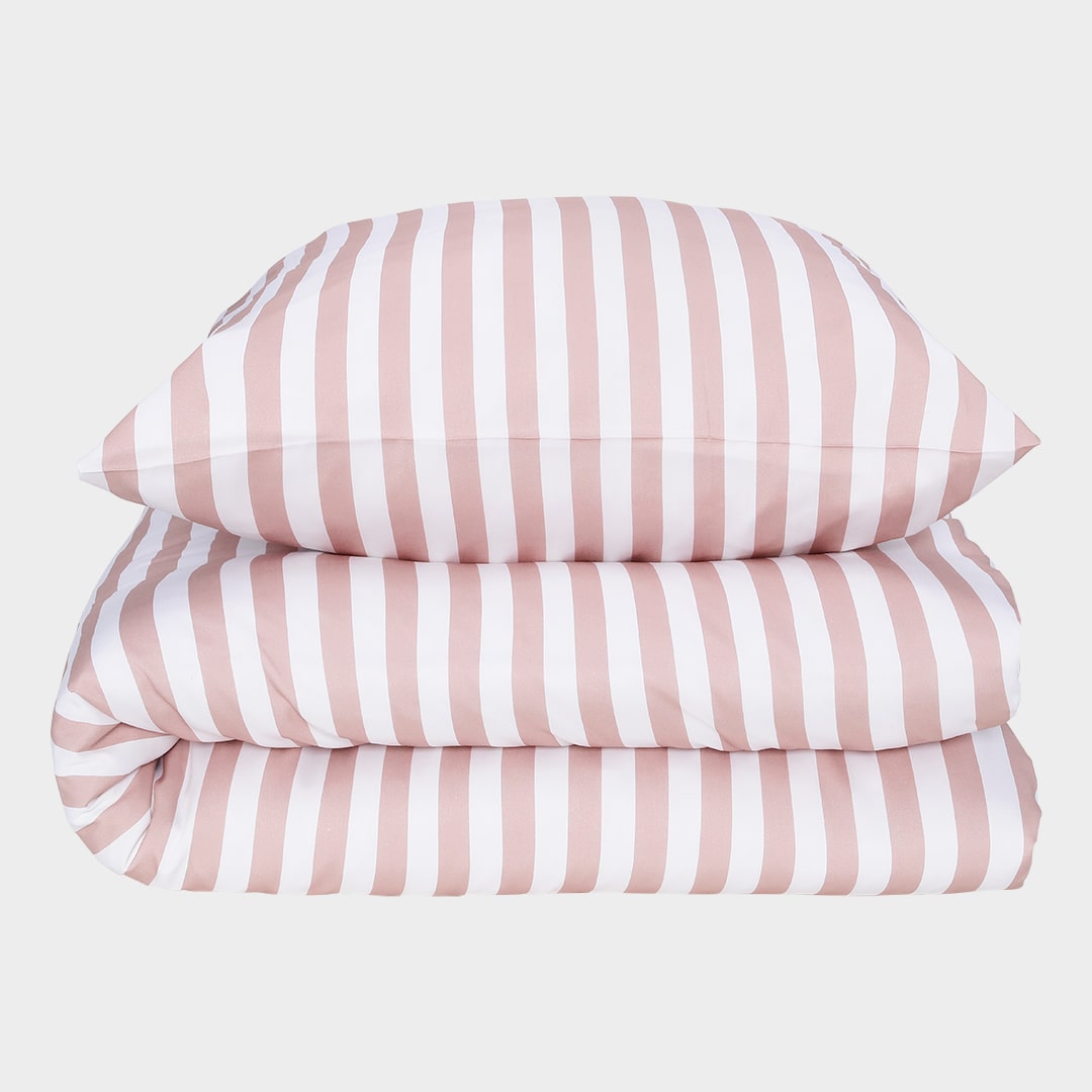 Bambus sengetøj hvid/gammel rosa stribet bred 140x200 - Bambuni