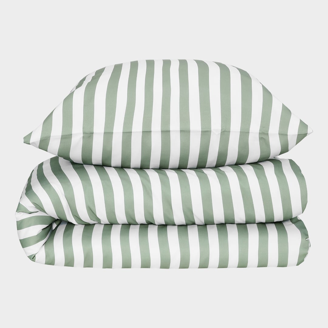 Bambus sengetøj hvid/oliven stribet bred 140x220 - Bambuni