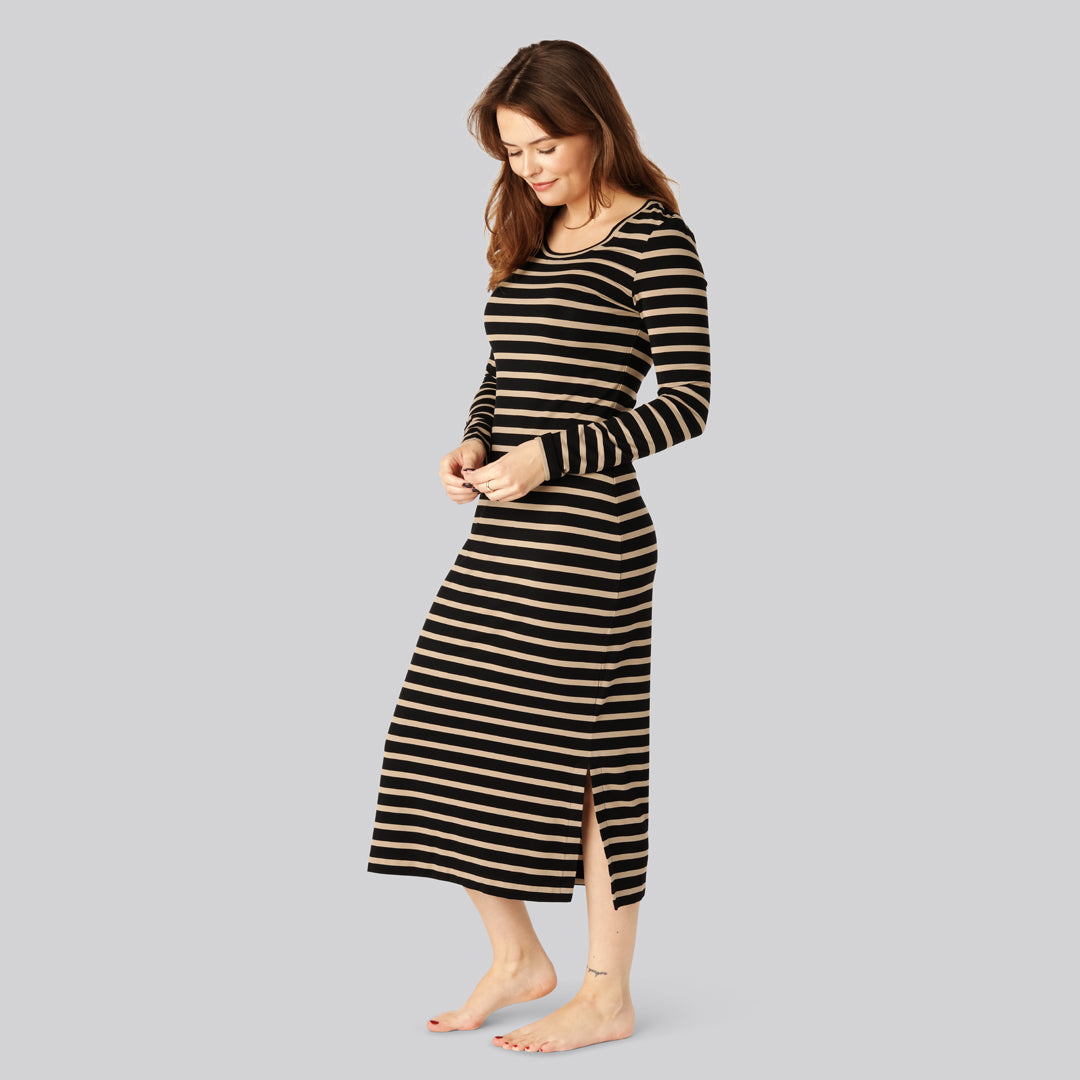Bambus stribet langærmet kjole i sort/beige til damer - Bambuni